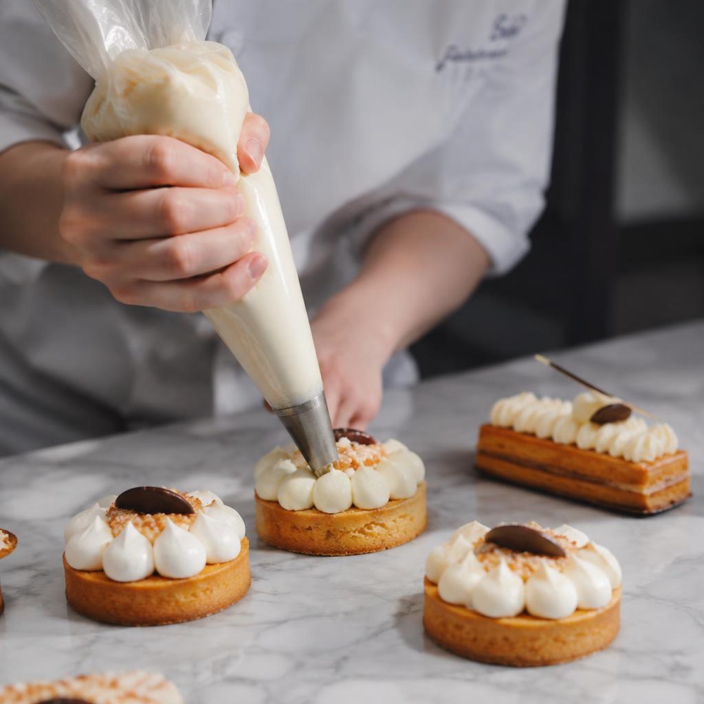 Pastry student piping cream on tarts