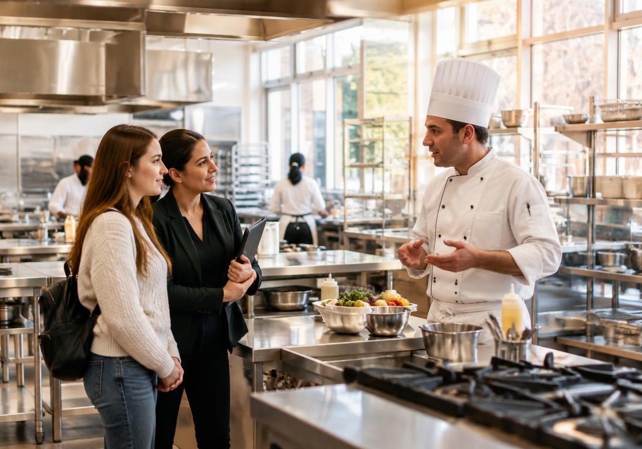 Admissions advisor and chef guiding a visitor through a kitchen lab